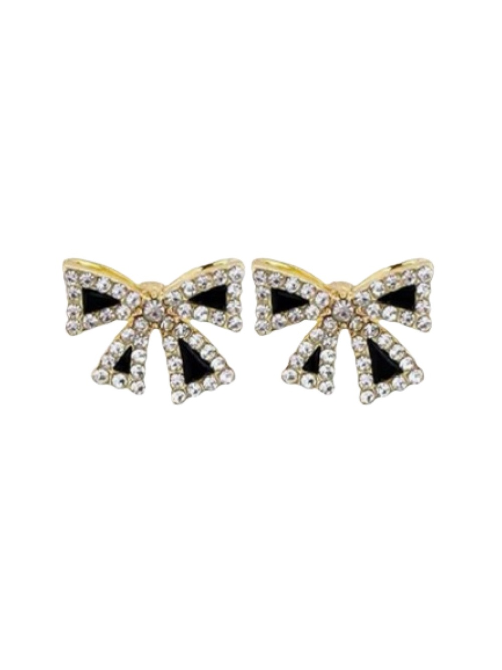 Gold Bow Crystal Stud Earrings with Black Enamel Accent